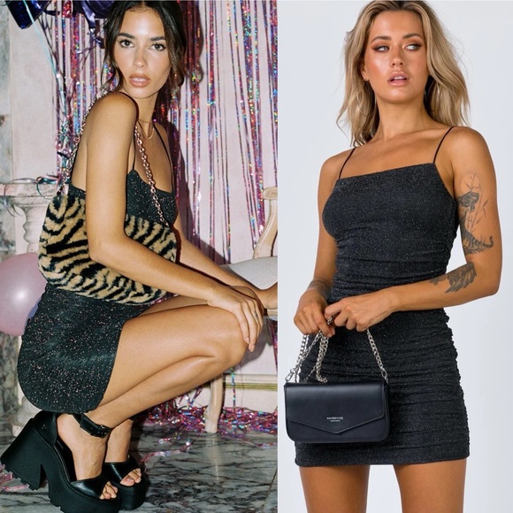 Princess Polly Dresses & Skirts - Princess Polly Reeva Shimmery Black Square Neck Ruched Mini Dress